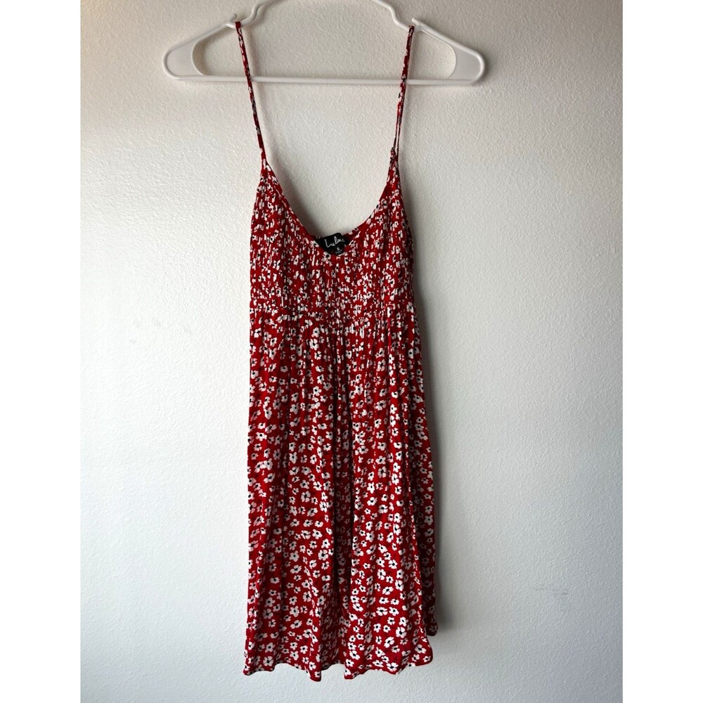 Lulus Red White Black Floral Smocked V-Neck Spaghetti Strap Mini Sundress S